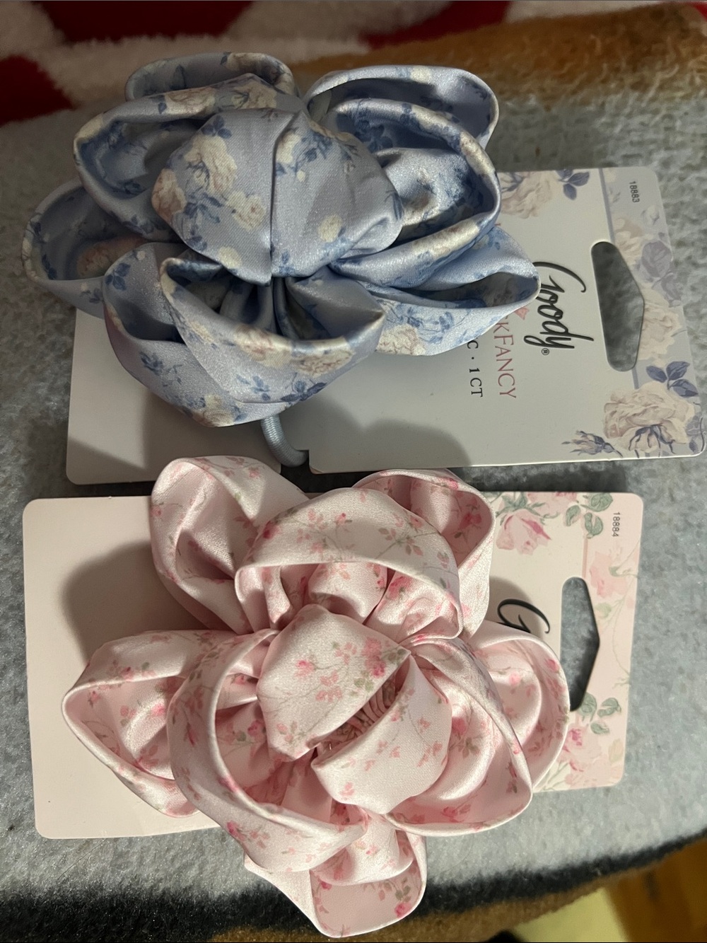 LoveShackFancy Satin Floral Pony Tail in Pink & Light Blue